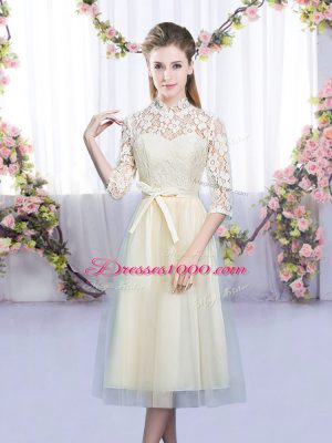 Great Tea Length Empire Half Sleeves Champagne Dama Dress for Quinceanera Zipper