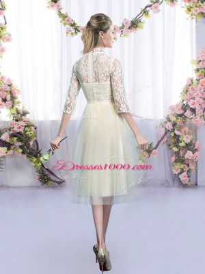 Great Tea Length Empire Half Sleeves Champagne Dama Dress for Quinceanera Zipper