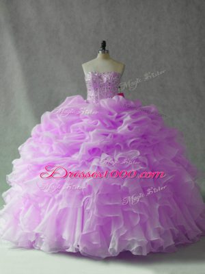 Sophisticated Beading and Ruffles and Pick Ups Vestidos de Quinceanera Lilac Lace Up Sleeveless Brush Train