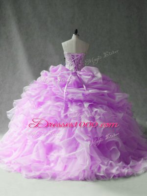 Sophisticated Beading and Ruffles and Pick Ups Vestidos de Quinceanera Lilac Lace Up Sleeveless Brush Train