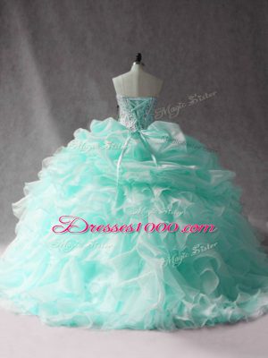 Elegant Apple Green Sweet 16 Quinceanera Dress Organza Brush Train Sleeveless Beading and Ruffles and Pick Ups