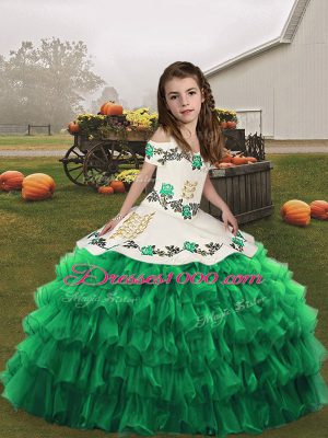 Green Ball Gowns Organza Straps Sleeveless Embroidery Floor Length Lace Up Pageant Dresses