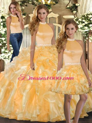Organza Halter Top Sleeveless Backless Beading and Ruffles Quinceanera Gowns in Gold