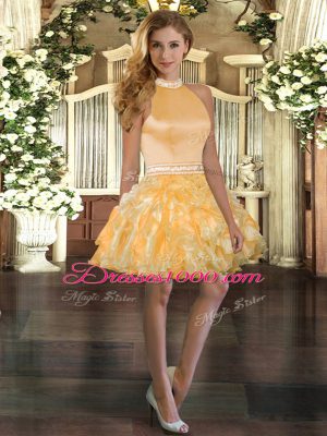 Organza Halter Top Sleeveless Backless Beading and Ruffles Quinceanera Gowns in Gold