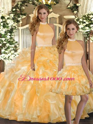 Organza Halter Top Sleeveless Backless Beading and Ruffles Quinceanera Gowns in Gold