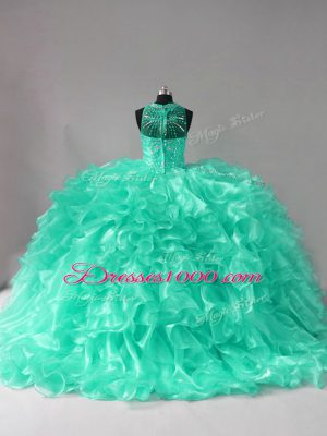 Organza Halter Top Sleeveless Brush Train Zipper Beading and Ruffles 15th Birthday Dress in Aqua Blue