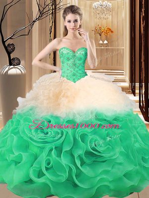Cute Sleeveless Lace Up Floor Length Beading and Ruffles Quince Ball Gowns