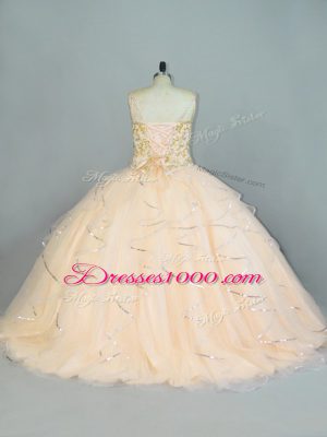 Champagne Sleeveless Beading and Ruffles Floor Length 15th Birthday Dress