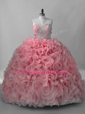 Sweetheart Sleeveless 15th Birthday Dress Brush Train Beading Pink Fabric With Rolling Flowers