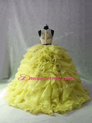 Wonderful Scoop Sleeveless Sweet 16 Dresses Brush Train Beading and Ruffles Yellow Green Organza and Sequined