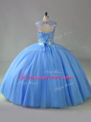 Dazzling Blue Scoop Lace Up Beading Sweet 16 Dresses Sleeveless