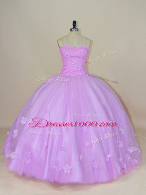 Sleeveless Floor Length Hand Made Flower Lace Up Vestidos de Quinceanera with Lilac