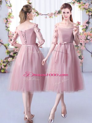 Pink Off The Shoulder Lace Up Belt Court Dresses for Sweet 16 Sleeveless