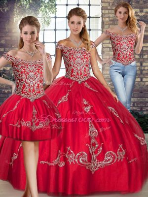 Floor Length Red Quince Ball Gowns Off The Shoulder Sleeveless Lace Up