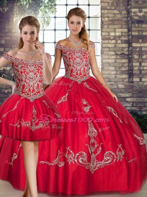 Floor Length Red Quince Ball Gowns Off The Shoulder Sleeveless Lace Up