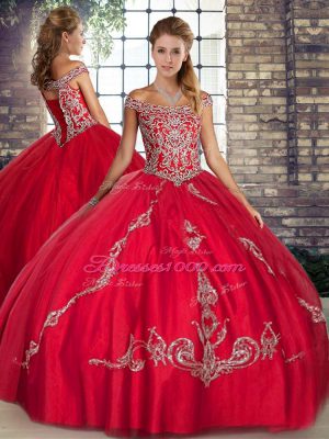 Floor Length Red Quince Ball Gowns Off The Shoulder Sleeveless Lace Up