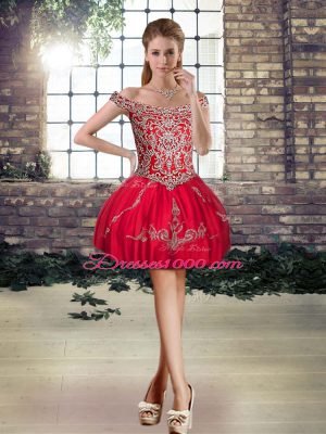 Floor Length Red Quince Ball Gowns Off The Shoulder Sleeveless Lace Up