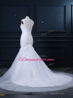 Low Price Tulle Sleeveless Wedding Gown Brush Train and Lace