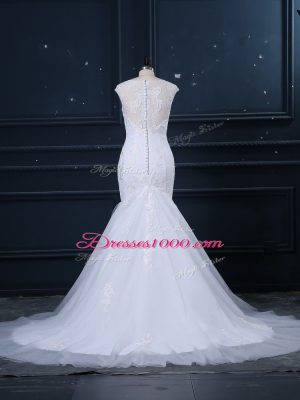 Low Price Tulle Sleeveless Wedding Gown Brush Train and Lace