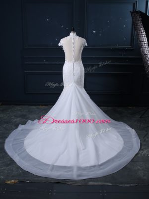 Low Price Tulle Sleeveless Wedding Gown Brush Train and Lace