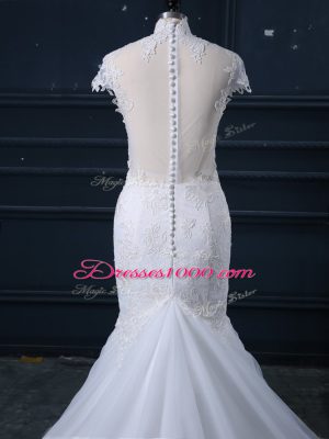 Low Price Tulle Sleeveless Wedding Gown Brush Train and Lace