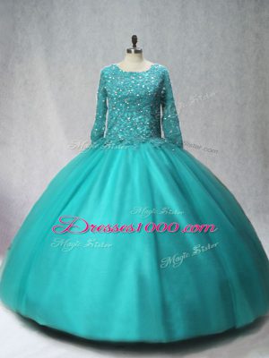 Fabulous Floor Length Lace Up 15 Quinceanera Dress Turquoise for Sweet 16 and Quinceanera with Beading