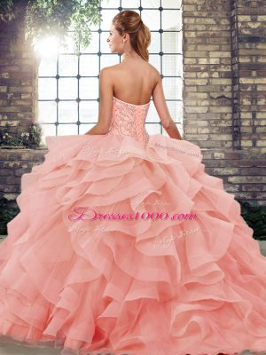 New Style Sweetheart Sleeveless Tulle Quince Ball Gowns Beading and Ruffles Brush Train Lace Up