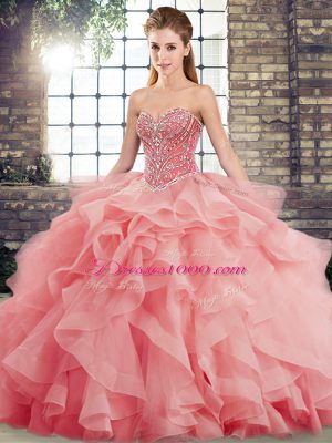 New Style Sweetheart Sleeveless Tulle Quince Ball Gowns Beading and Ruffles Brush Train Lace Up