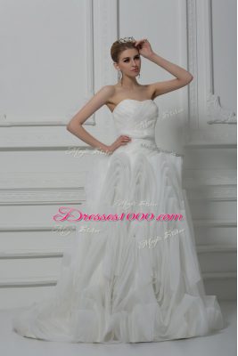 On Sale Sleeveless Belt Lace Up Wedding Gowns with White Brush Train