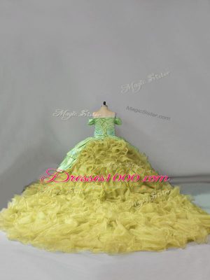 Ball Gowns Sleeveless Yellow Green Quinceanera Gown Chapel Train Lace Up