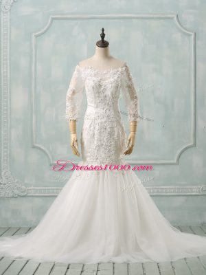 Edgy Watteau Train Mermaid Wedding Gown White Off The Shoulder Tulle 3 4 Length Sleeve Lace Up