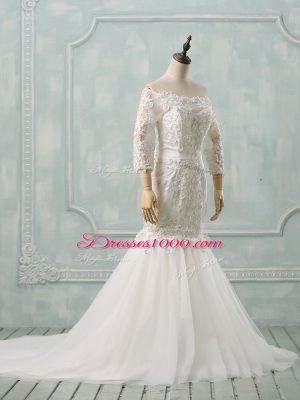 Edgy Watteau Train Mermaid Wedding Gown White Off The Shoulder Tulle 3 4 Length Sleeve Lace Up