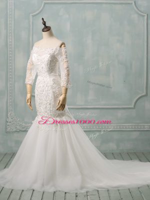 Edgy Watteau Train Mermaid Wedding Gown White Off The Shoulder Tulle 3 4 Length Sleeve Lace Up