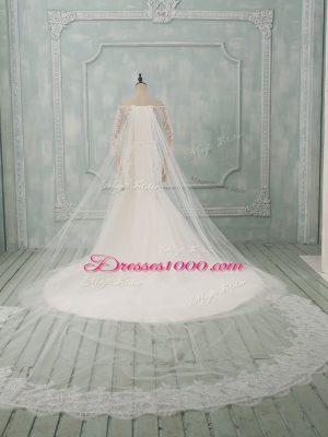 Edgy Watteau Train Mermaid Wedding Gown White Off The Shoulder Tulle 3 4 Length Sleeve Lace Up