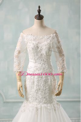 Edgy Watteau Train Mermaid Wedding Gown White Off The Shoulder Tulle 3 4 Length Sleeve Lace Up