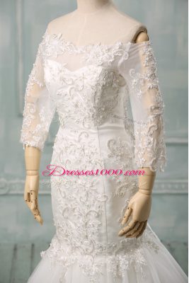 Edgy Watteau Train Mermaid Wedding Gown White Off The Shoulder Tulle 3 4 Length Sleeve Lace Up