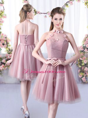 Artistic A-line Bridesmaids Dress Pink Halter Top Tulle Sleeveless Knee Length Lace Up