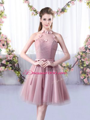 Artistic A-line Bridesmaids Dress Pink Halter Top Tulle Sleeveless Knee Length Lace Up