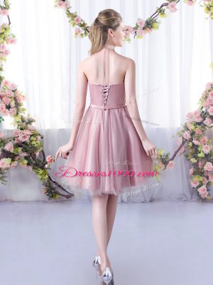 Artistic A-line Bridesmaids Dress Pink Halter Top Tulle Sleeveless Knee Length Lace Up