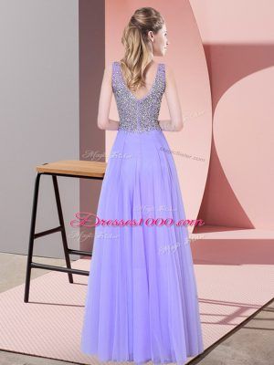 Edgy V-neck Sleeveless Tulle Prom Gown Beading Zipper