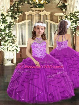 Tulle Halter Top Sleeveless Lace Up Beading and Ruffles Pageant Dress Womens in Purple