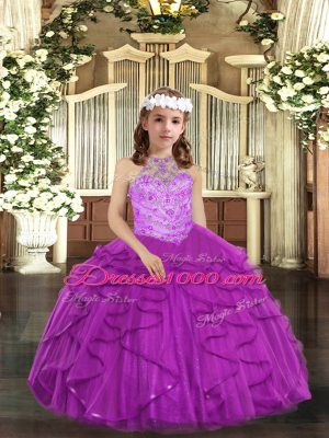 Tulle Halter Top Sleeveless Lace Up Beading and Ruffles Pageant Dress Womens in Purple
