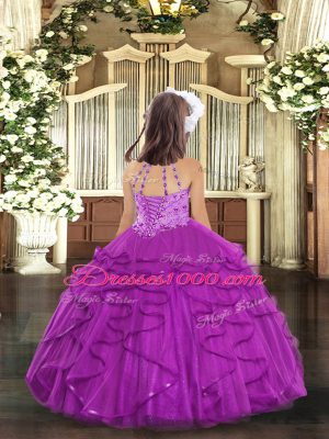 Tulle Halter Top Sleeveless Lace Up Beading and Ruffles Pageant Dress Womens in Purple