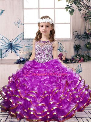 Beauteous Scoop Sleeveless Organza Girls Pageant Dresses Beading and Ruffles Lace Up