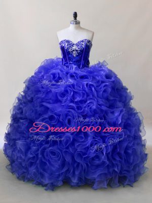 Sleeveless Fabric With Rolling Flowers Floor Length Lace Up 15 Quinceanera Dress in Royal Blue with Ruffles and Sequins