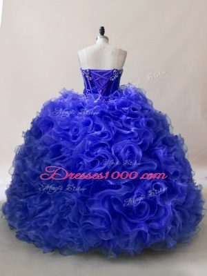 Sleeveless Fabric With Rolling Flowers Floor Length Lace Up 15 Quinceanera Dress in Royal Blue with Ruffles and Sequins