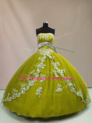 Unique Olive Green Ball Gowns Tulle Strapless Sleeveless Appliques Floor Length Lace Up Quinceanera Dress