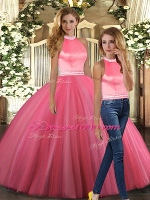Floor Length Backless Sweet 16 Dresses Coral Red for Sweet 16 and Quinceanera with Beading