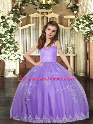 Floor Length Lace Up Little Girl Pageant Dress Lavender for Party and Wedding Party with Appliques