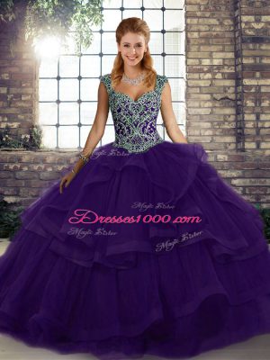 Edgy Purple Straps Lace Up Beading and Ruffles Quinceanera Dress Sleeveless
